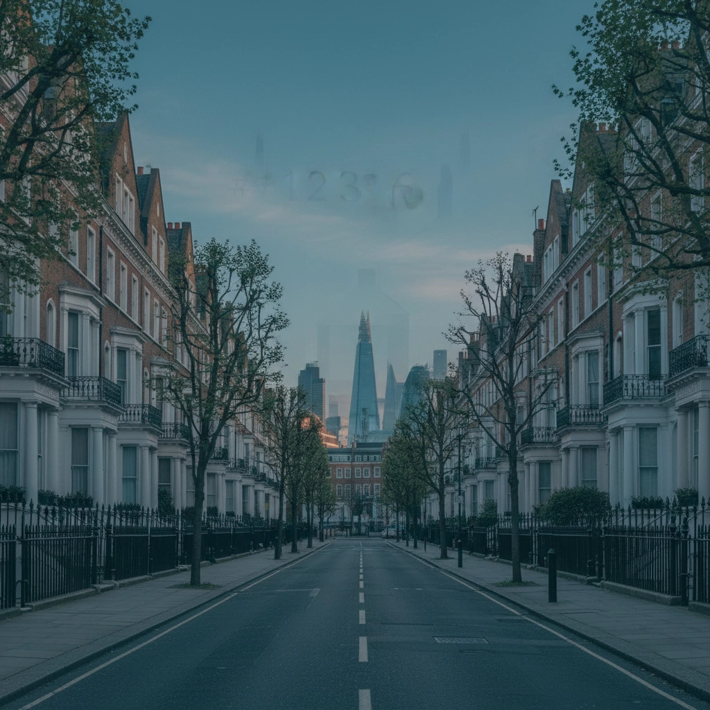 Property for sale A quiet, empty street lined with classic townhouses leads toward modern skyscrapers, including The Shard, under a cloudy sky. Trees line both sides of the road, echoing the trends seen in the latest Nationwide House Price Index. Presented by Palace Auctions