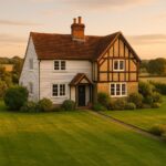 Property for sale A charming 3-bed detached house CM22 with timber framing, white siding, and a red-tiled roof, set amid a neatly mowed lawn and lush greenery under warm golden evening light—a wonderful Elsenham development opportunity. Presented by Palace Auctions