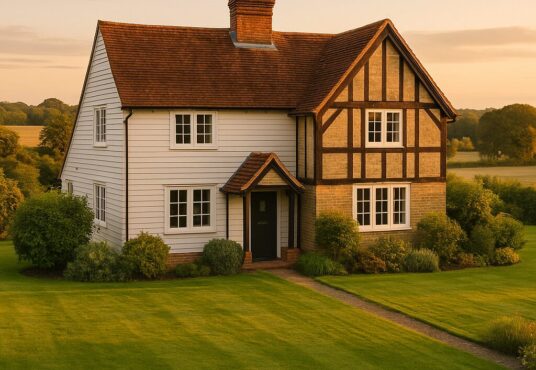 Property for sale A charming 3-bed detached house CM22 with timber framing, white siding, and a red-tiled roof, set amid a neatly mowed lawn and lush greenery under warm golden evening light—a wonderful Elsenham development opportunity. Presented by Palace Auctions