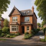 Property for sale A two-story brick house with a black door, bay window, and gabled roof sits along a tree-lined street. A small sign in the front reads "Enfield EN1," highlighting its appeal as a Planning approved Enfield EN1 development plot surrounded by greenery and shrubs. Presented by Palace Auctions