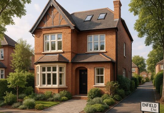 Property for sale A two-story brick house with a black door, bay window, and gabled roof sits along a tree-lined street. A small sign in the front reads "Enfield EN1," highlighting its appeal as a Planning approved Enfield EN1 development plot surrounded by greenery and shrubs. Presented by Palace Auctions