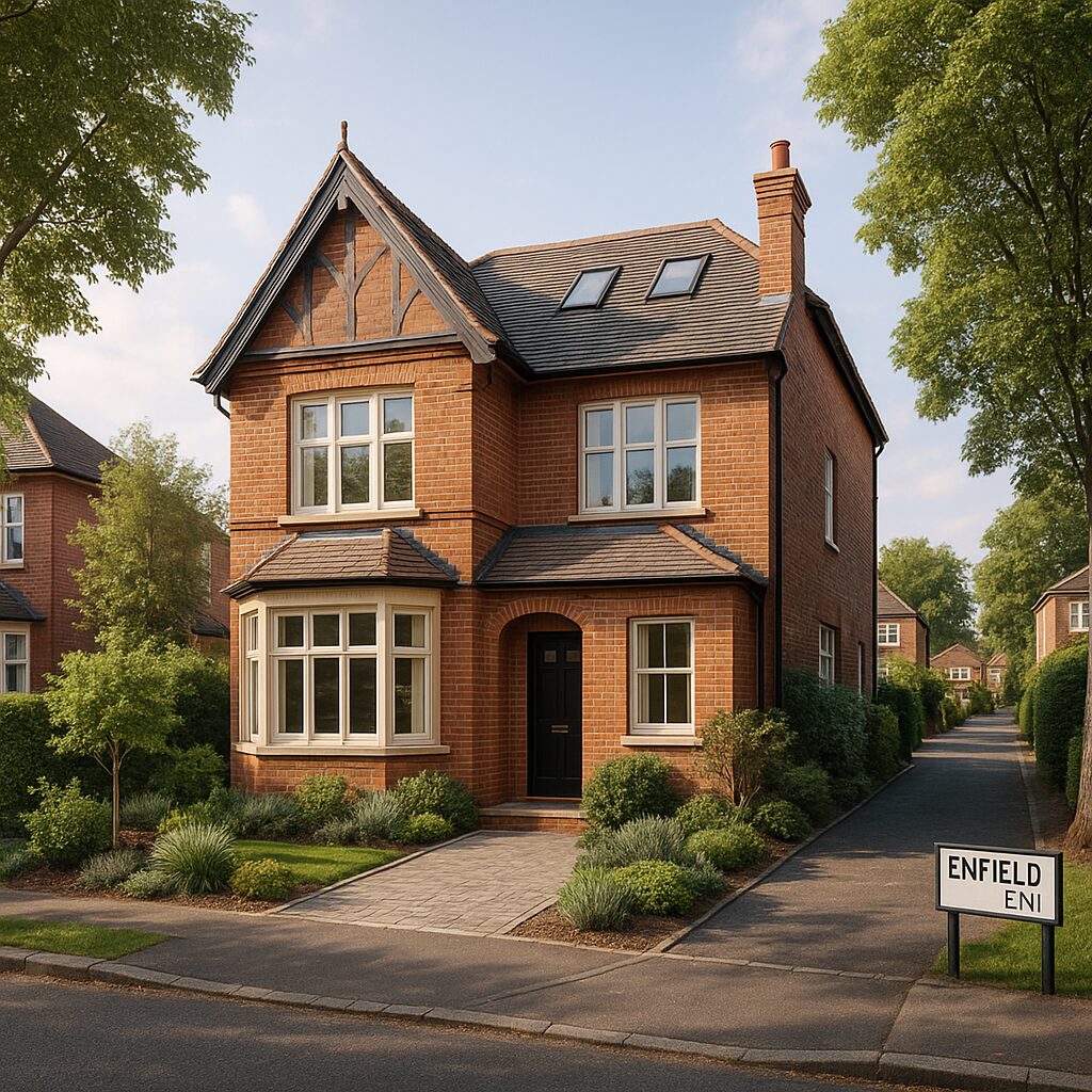 Property for sale A two-story brick house with a black door, bay window, and gabled roof sits along a tree-lined street. A small sign in the front reads "Enfield EN1," highlighting its appeal as a Planning approved Enfield EN1 development plot surrounded by greenery and shrubs. Presented by Palace Auctions