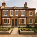 Property for sale A symmetrical, two-story brick duplex with bay windows, white trim, two dark front doors, and small landscaped front gardens—an ideal investment property in Greenwich—photographed on a sunny day. Presented by Palace Auctions