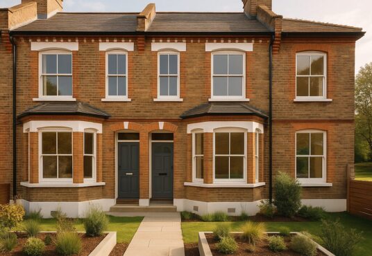 Property for sale A symmetrical, two-story brick duplex with bay windows, white trim, two dark front doors, and small landscaped front gardens—an ideal investment property in Greenwich—photographed on a sunny day. Presented by Palace Auctions