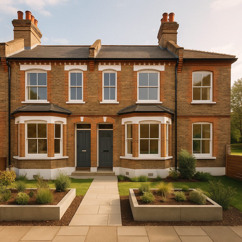 Property for sale A symmetrical, two-story brick duplex with bay windows, white trim, two dark front doors, and small landscaped front gardens—an ideal investment property in Greenwich—photographed on a sunny day. Presented by Palace Auctions
