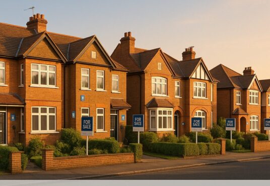 Property for sale Row of modern brick houses with "For Sale" signs on lawns at sunset. Text overlay: 7 six-bedroom HMOs, guide price £7M, offers £6.5M, 8.7%-9.5% gross yield—prime 6-bed HMO portfolio London opportunity. Presented by Palace Auctions