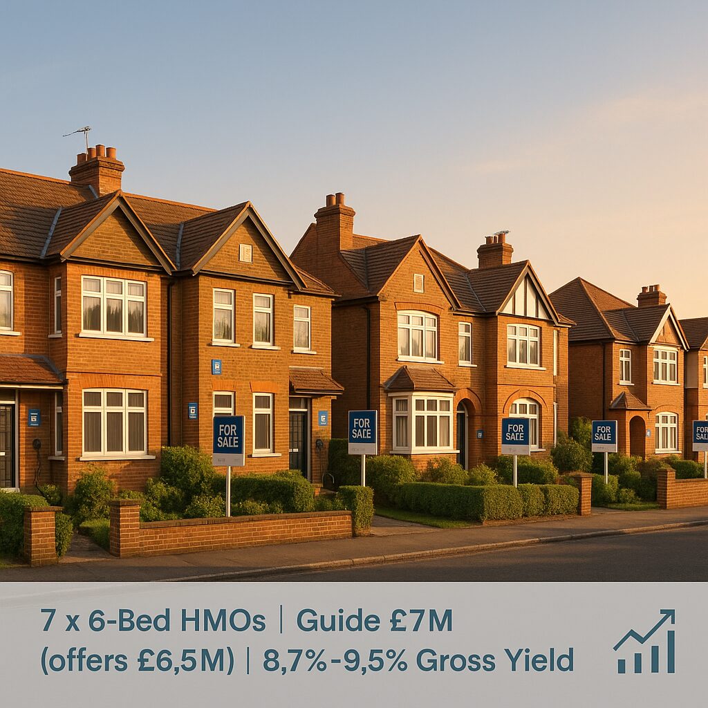 Property for sale Row of modern brick houses with "For Sale" signs on lawns at sunset. Text overlay: 7 six-bedroom HMOs, guide price £7M, offers £6.5M, 8.7%-9.5% gross yield—prime 6-bed HMO portfolio London opportunity. Presented by Palace Auctions