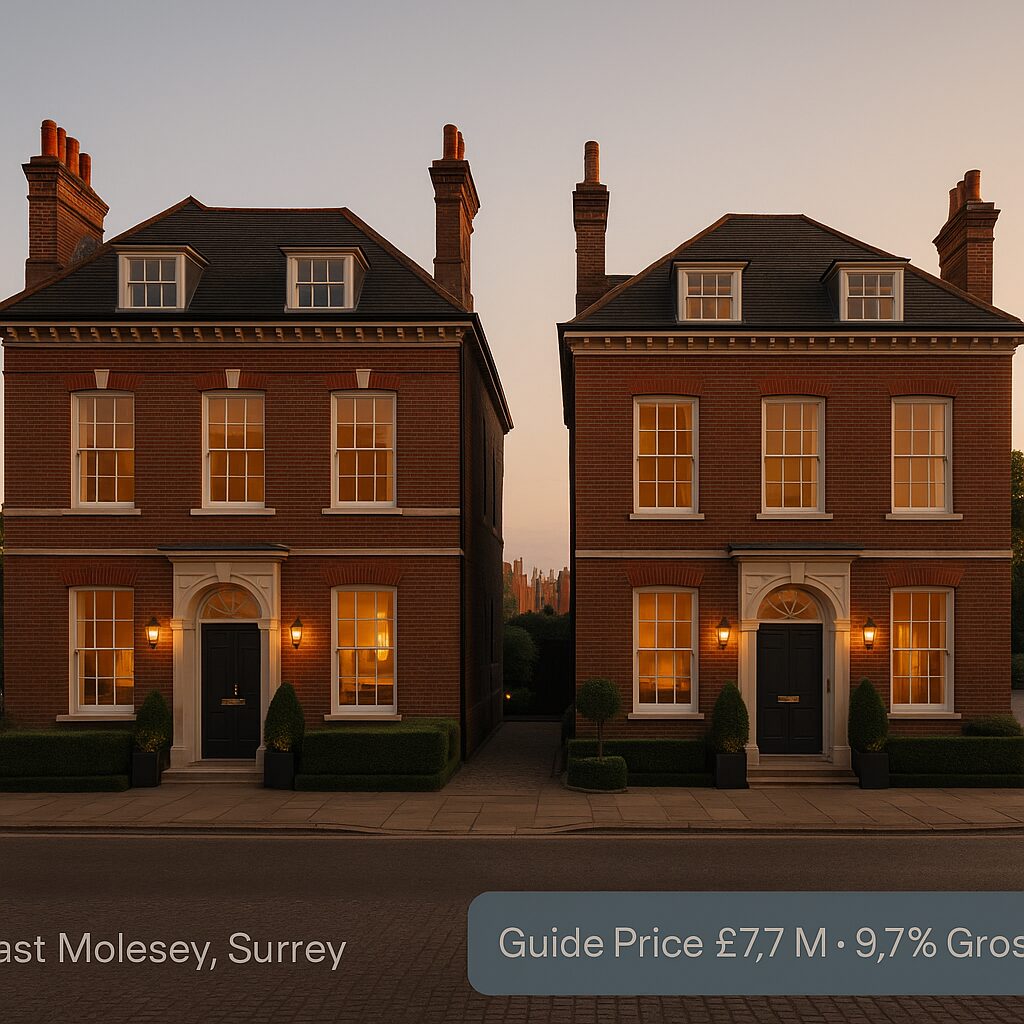 Property for sale Two identical, elegant three-story red-brick houses with lit windows and topiary by the doors at dusk—ideal as an investment property Surrey. The image features text: "East Molesey, Surrey" and "Guide Price £7.7M • 9.7% Gross Yield. Presented by Palace Auctions
