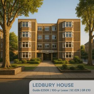 Property for sale A four-story brick apartment building, Ledbury House SE22, with large bay windows and lush greenery. Text overlay reads: “LEDBURY HOUSE Guide £250K | 100-yr Lease | SC £2K | GR £10”. Ideal 1-bed flat East Dulwich. Presented by Palace Auctions