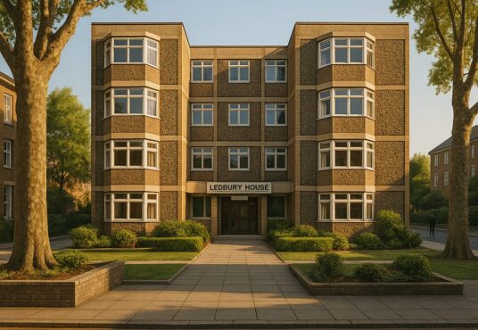 Property for sale A four-story brick apartment building, Ledbury House SE22, with large bay windows and lush greenery. Text overlay reads: “LEDBURY HOUSE Guide £250K | 100-yr Lease | SC £2K | GR £10”. Ideal 1-bed flat East Dulwich. Presented by Palace Auctions