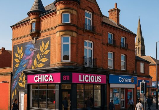Property for sale A red-brick corner building with turrets on Stockport Road Levenshulme features a mural of a blue bird and gold leaves. “CHICA LICIOUS” and “Cohens” shops occupy the ground floor, making it an appealing commercial investment Manchester. Presented by Palace Auctions
