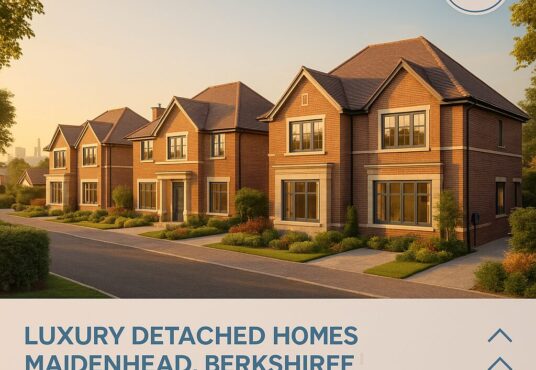 Property for sale A row of modern luxury detached homes at sunset in a Maidenhead property development, with manicured lawns and a clear sky. Text overlay reads: "Luxury Detached Homes, Maidenhead, Berkshire. Guide Price £5.5M | GDV £17.4M | 30%+ Profit Margin. Presented by Palace Auctions