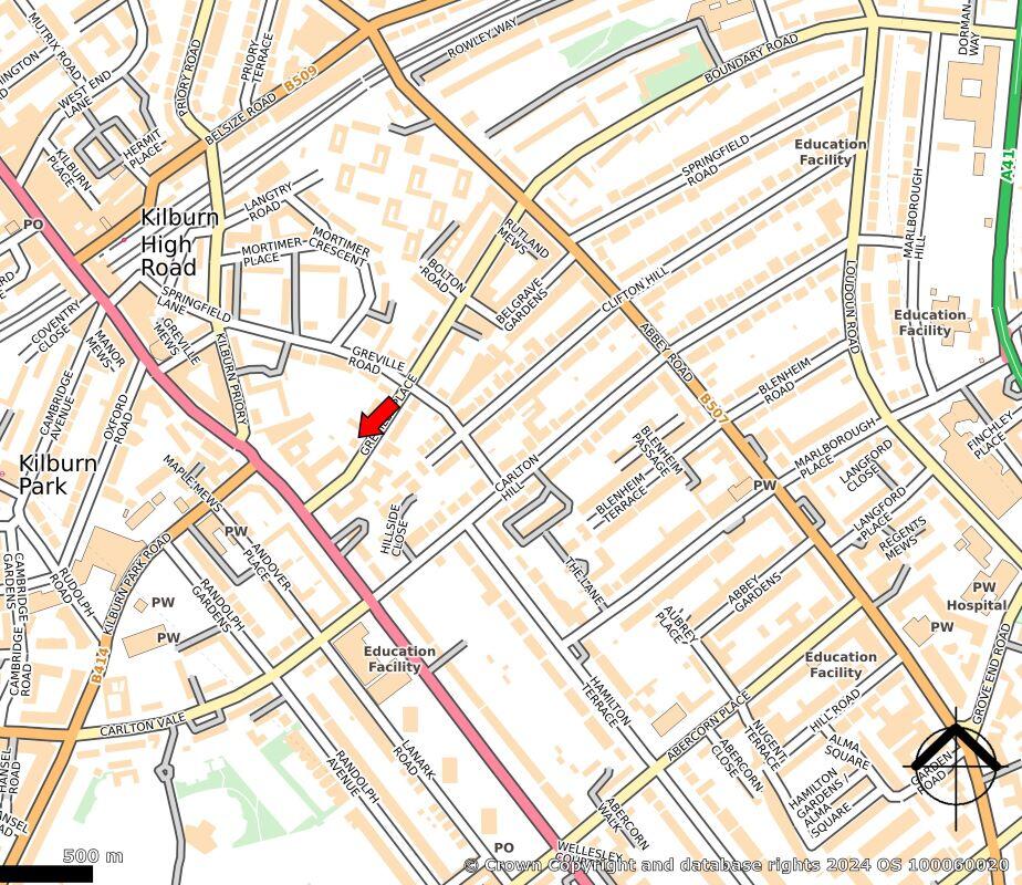 Property for sale A street map of the Kilburn area in London highlights roads, parks, educational facilities, and Grade II listed London sites. A red arrow indicates a spot near Kilburn High Road. North is marked and a 500-meter scale bar is shown. Presented by Palace Auctions