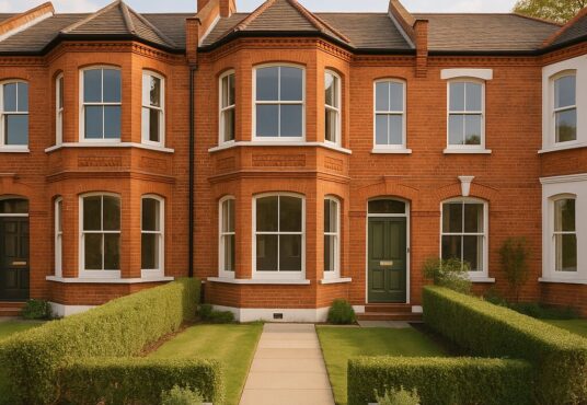 Property for sale Two red-brick terraced houses with bay windows and green doors, neatly trimmed hedges, small front lawns, and paved paths leading to each entrance—ideal as a 6-bedroom investment house in the heart of Wood Green on a sunny day. Presented by Palace Auctions