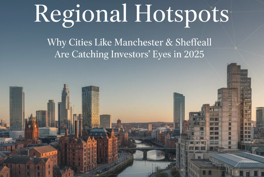 Property for sale A city skyline at sunset features tall modern buildings and historic red-brick structures along a river. Text reads: 