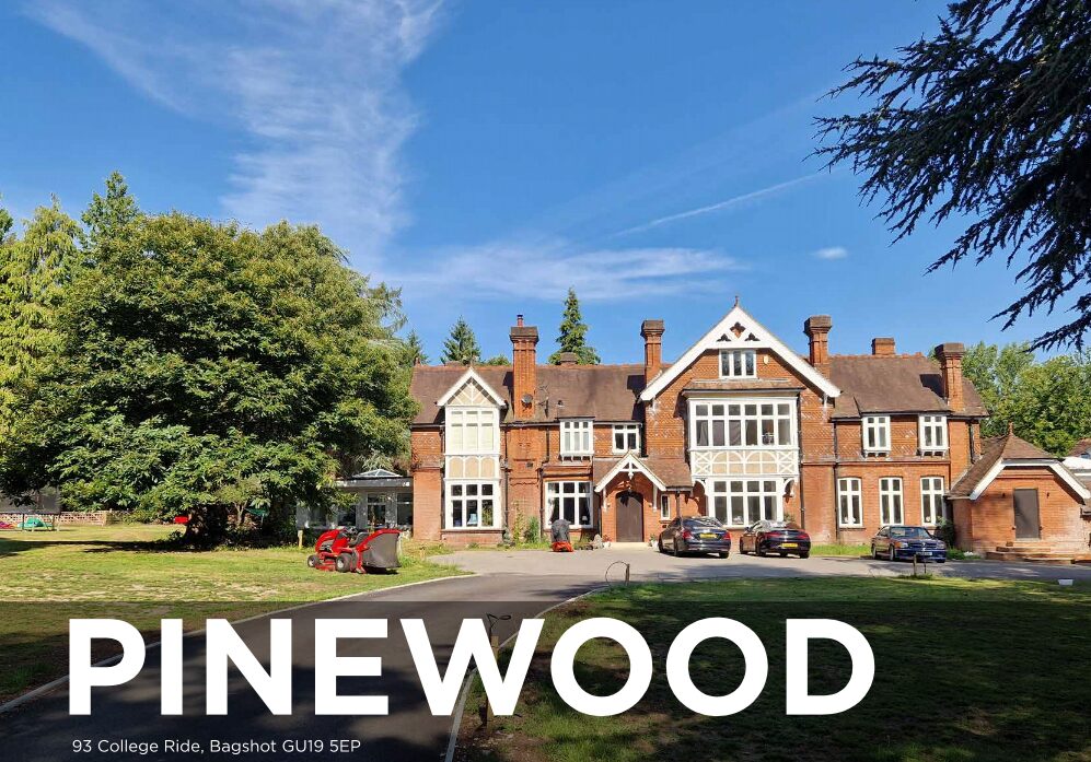 Property for sale A large, historic brick building with white-framed windows and a gabled roof, surrounded by trees and parked cars, under a clear blue sky. Text reads: "PINEWOOD, 93 College Ride, Bagshot GU19 5EP. Presented by Palace Auctions