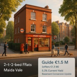 Property for sale A red-brick building with a post office on the ground floor, set on a tree-lined street in Maida Vale. People and a dog walk by. Text overlay highlights a Maida Vale investment opportunity: 2-bed flats for €1.5M with yield and conversion details. Presented by Palace Auctions