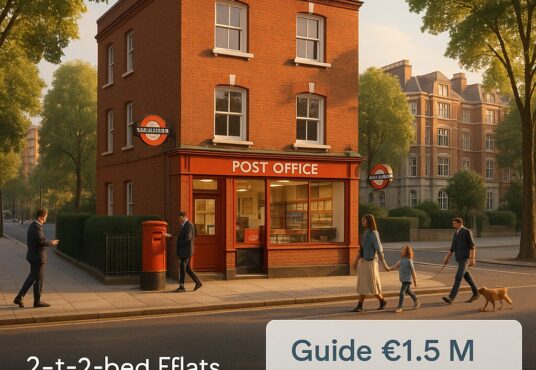 Property for sale A red-brick building with a post office on the ground floor, set on a tree-lined street in Maida Vale. People and a dog walk by. Text overlay highlights a Maida Vale investment opportunity: 2-bed flats for €1.5M with yield and conversion details. Presented by Palace Auctions