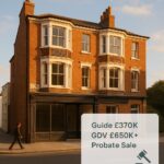 Property for sale A person walks past a three-story brick building with bay windows and empty shopfronts. Text overlay reads: "Brighton mixed-use sale – Guide £370K, GDV £650K+, Probate Sale. Ideal shop and flat Brighton opportunity. Presented by Palace Auctions