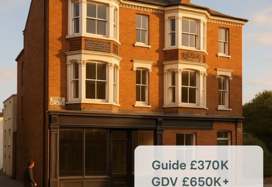 Property for sale A person walks past a three-story brick building with bay windows and empty shopfronts. Text overlay reads: "Brighton mixed-use sale – Guide £370K, GDV £650K+, Probate Sale. Ideal shop and flat Brighton opportunity. Presented by Palace Auctions