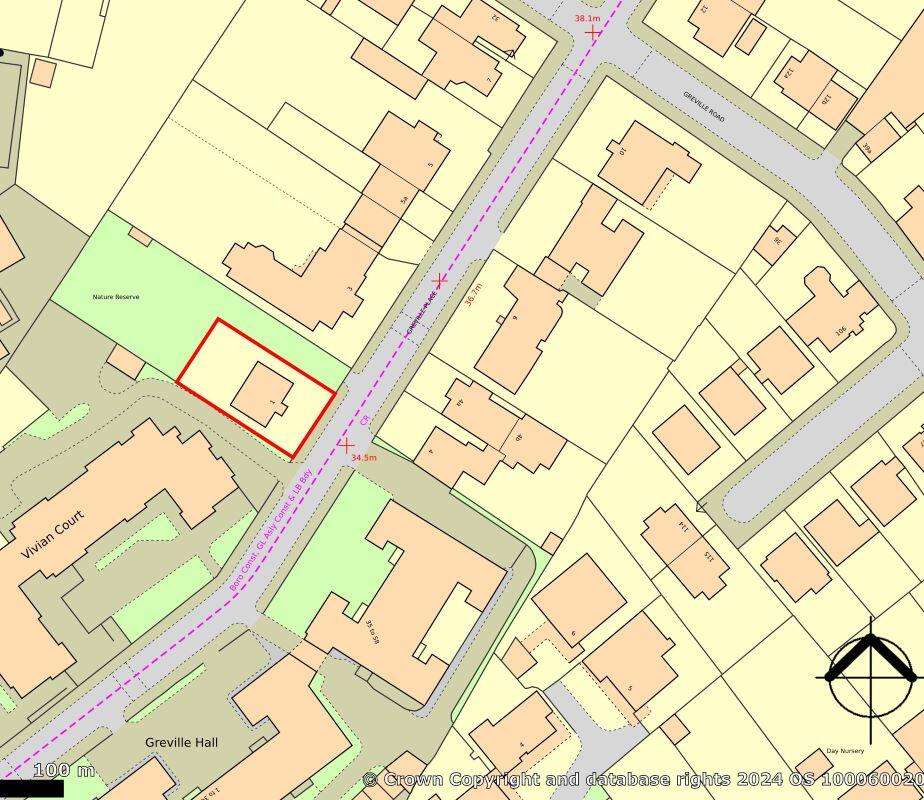Property for sale A detailed map showing buildings, property boundaries, and roads. A small building within a red rectangle—highlighted near the center left—marks the location of Greville Place NW6 flats, surrounded by other outlined structures and labeled areas. Presented by Palace Auctions