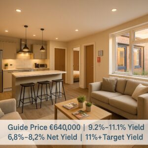 Property for sale Modern open-plan living area with kitchen, barstools, beige sofas, coffee table, and large windows. Text overlay shows property price of €640,000 and investment yields of 6.8%+—an ideal Romford HMO investment opportunity. Presented by Palace Auctions