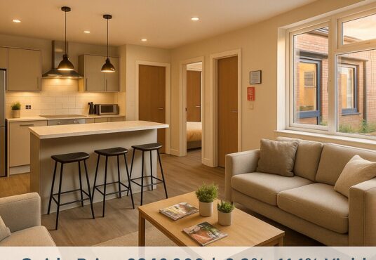 Property for sale Modern open-plan living area with kitchen, barstools, beige sofas, coffee table, and large windows. Text overlay shows property price of €640,000 and investment yields of 6.8%+—an ideal Romford HMO investment opportunity. Presented by Palace Auctions