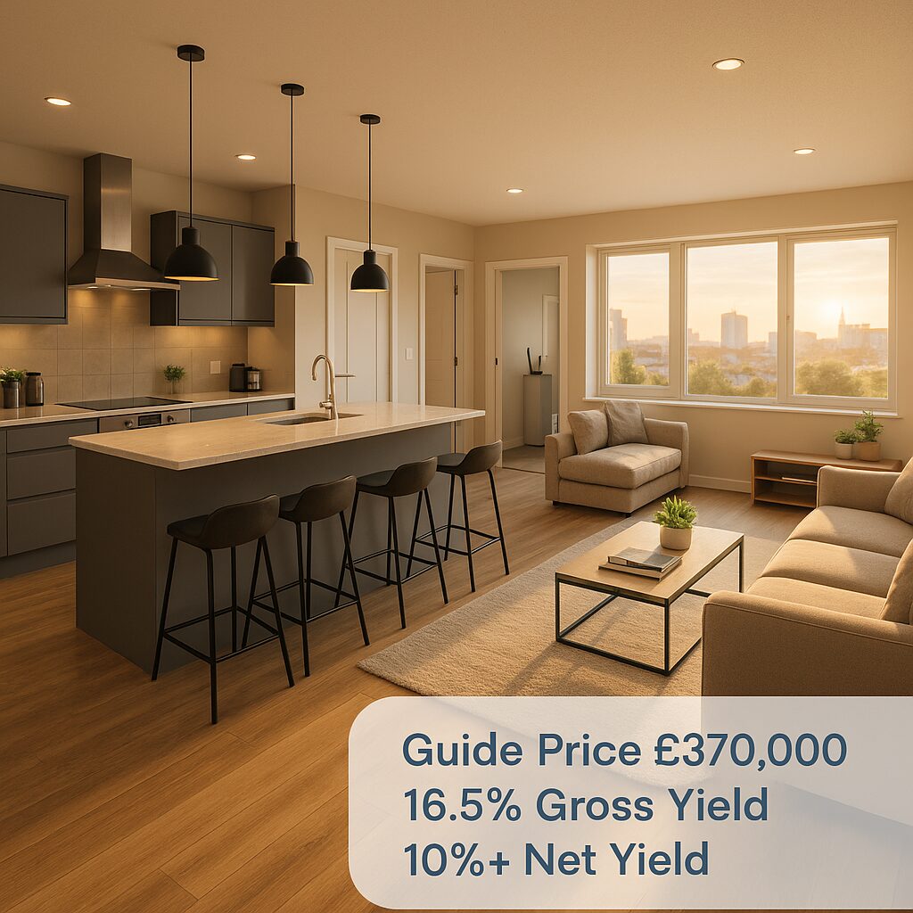 Property for sale Modern open-plan kitchen and living room with city views at sunset. Perfect 6-bed HMO Southend opportunity. Text overlay reads: "Guide Price £370,000, 16.5% Gross Yield, 10%+ Net Yield. Presented by Palace Auctions