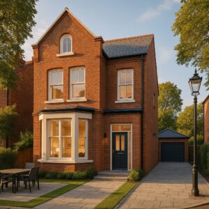 Property for sale A two-story red-brick house with large windows, a black front door, detached garage, and driveway—this 5-bedroom family home in Stanmore boasts a small outdoor table with chairs on the lawn, surrounded by trees and a streetlamp. Presented by Palace Auctions