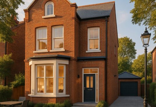 Property for sale A two-story red-brick house with large windows, a black front door, detached garage, and driveway—this 5-bedroom family home in Stanmore boasts a small outdoor table with chairs on the lawn, surrounded by trees and a streetlamp. Presented by Palace Auctions