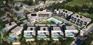 Property for sale Aerial view of a modern Paphos gated community featuring labeled villas and townhouses, swimming and kid’s pools, green area, Trees Family Park Paphos, CCTV, and automatic gates. Some units are marked as sold or reserved amid surrounding trees and roads. Presented by Palace Auctions