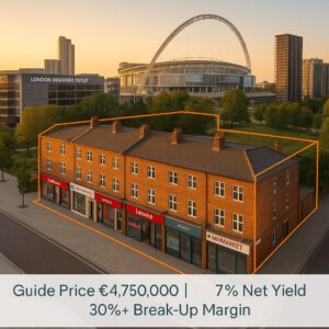 Property for sale A brick commercial building with orange-trimmed storefronts near Wembley Stadium and the London Designer Outlet, this Wembley HA9 mixed-use block offers a guide price of €4,750,000, 7% net yield, and 30%+ break-up margin. Presented by Palace Auctions