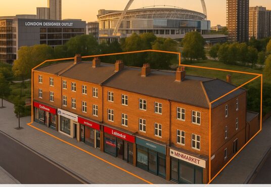 Property for sale A brick commercial building with orange-trimmed storefronts near Wembley Stadium and the London Designer Outlet, this Wembley HA9 mixed-use block offers a guide price of €4,750,000, 7% net yield, and 30%+ break-up margin. Presented by Palace Auctions