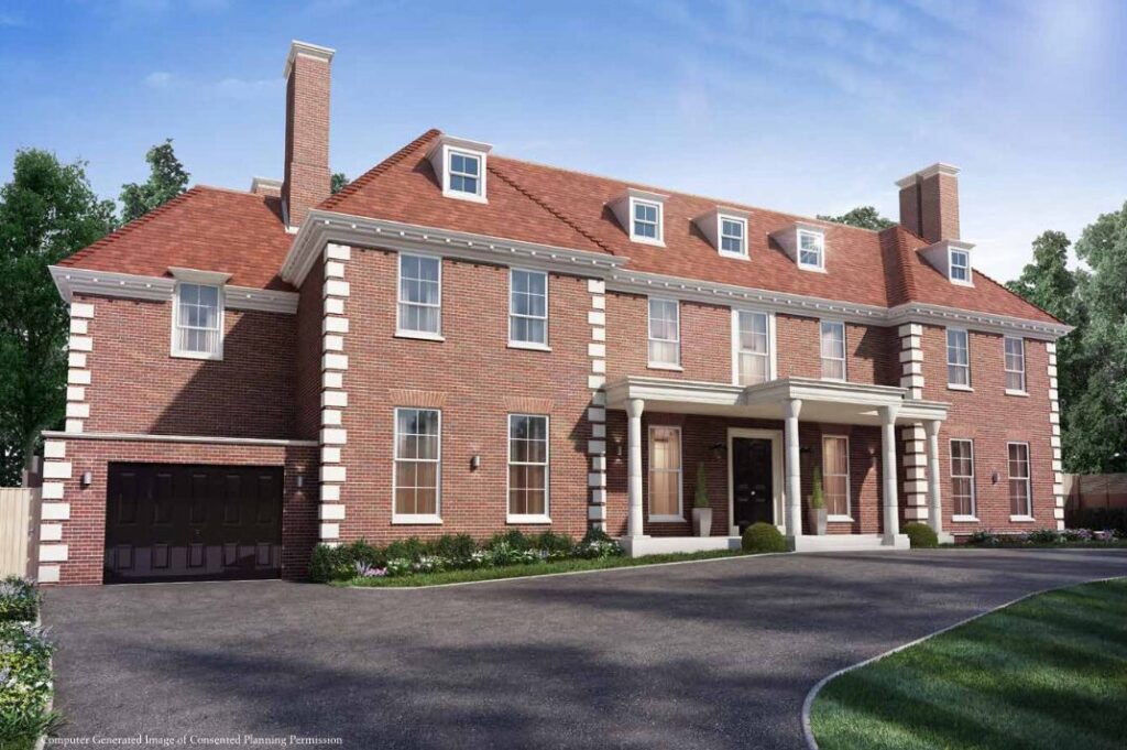 Property for sale A large, two-story brick house with white trim, multiple chimneys, and a red tile roof—an exceptional Hampstead Garden Suburb luxury home surrounded by trees and blue sky—offers elegant living in the heart of London. Presented by Palace Auctions