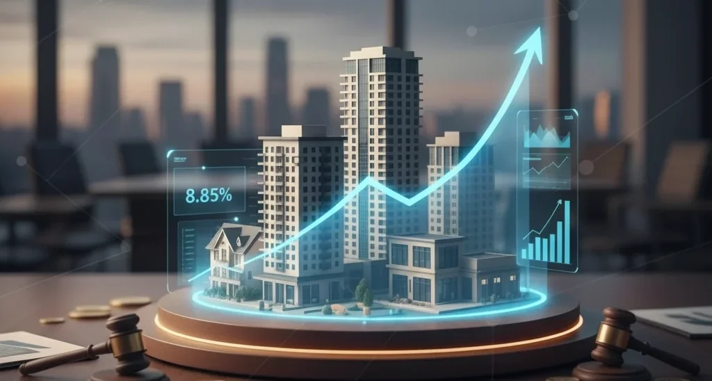 Property for sale A digital illustration of a property auction scene shows model buildings on a round platform, a rising graph with 