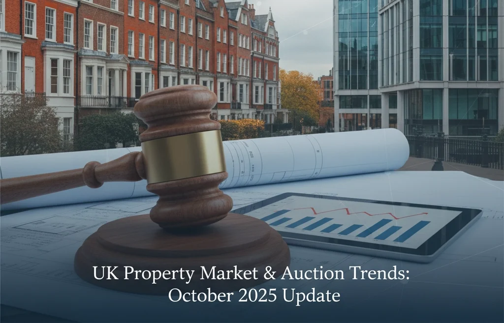 Property for sale A judge’s gavel rests on architectural blueprints and a financial chart, set against red-brick and glass buildings. Text overlay: 