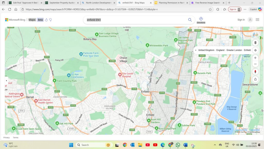 Property for sale A screenshot of a Bing Maps view showing Enfield EN1 and surrounding areas, with parks, roads, and landmarks labeled. Highlights include green spaces like Trent Park and a 4-Bed Subdivision—showcasing a new home opportunity in Enfield EN1. Presented by Palace Auctions