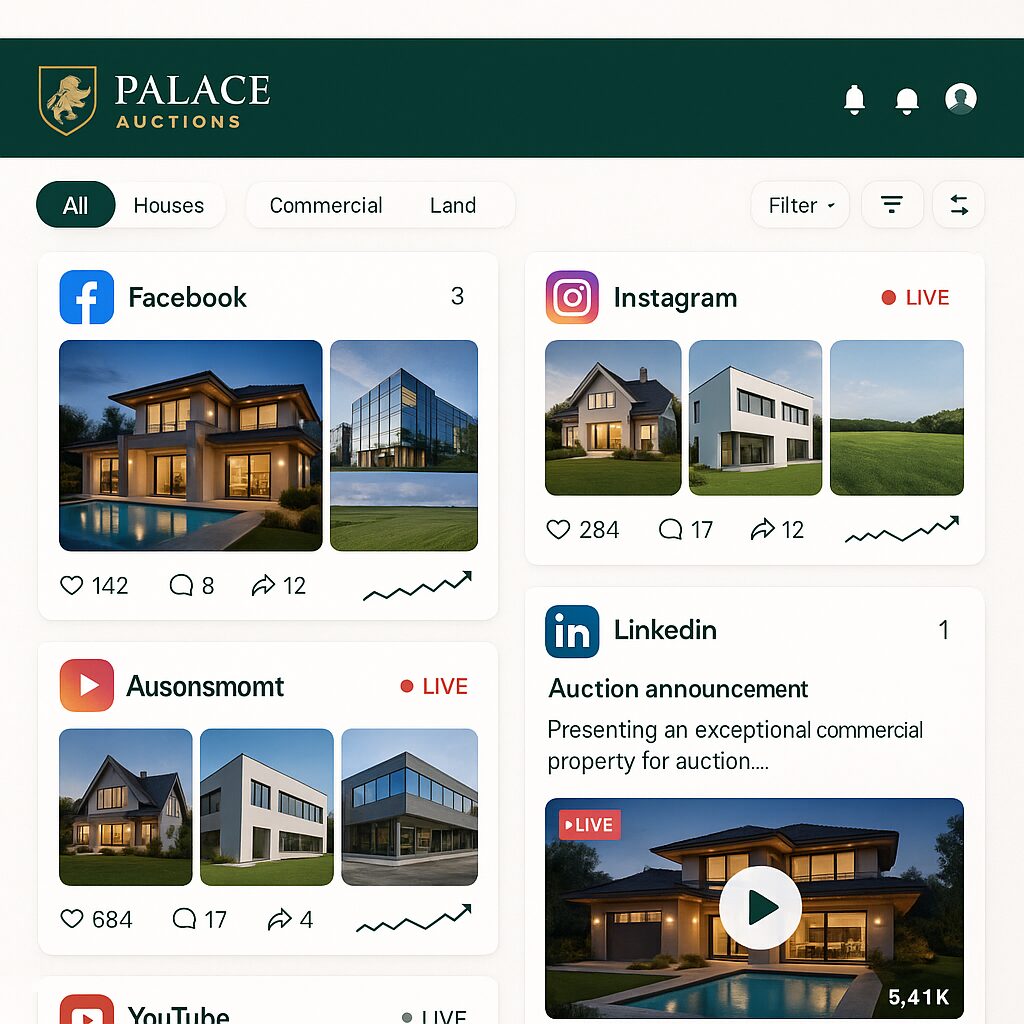 A digital dashboard for "Palace Auctions" acts as a social updates directory, displaying real estate listings and auction announcements across platforms like Facebook, Instagram, YouTube, and LinkedIn with house images, stats, and live status. Presented by Palace Auctions