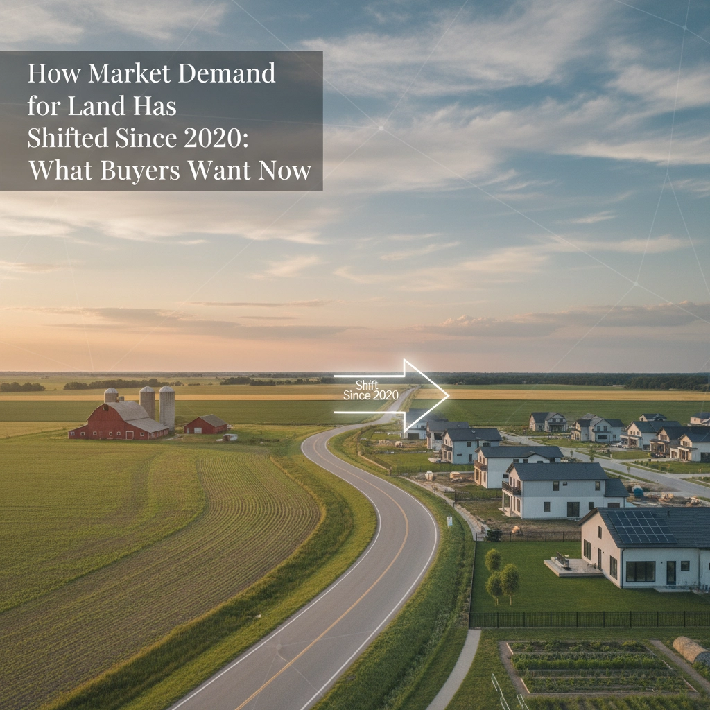 Property for sale A curved road runs past farmland, modern houses, and a barn under a blue sky. Text reads, 