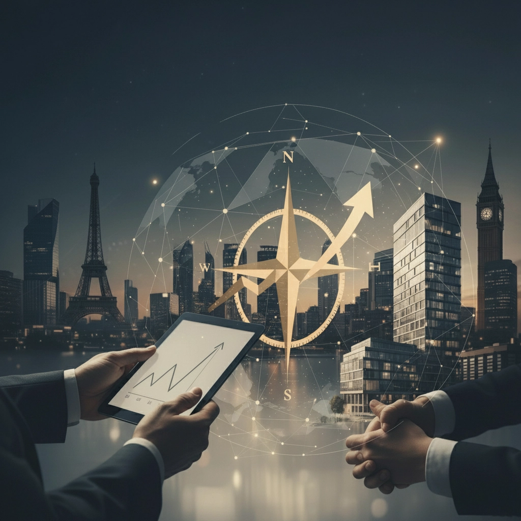Property for sale Two businesspeople discuss over a tablet showing a graph, with a digital compass, upward arrow, and global city skylines, including the Eiffel Tower and Big Ben, symbolizing global business strategy and growth. Presented by Palace Auctions