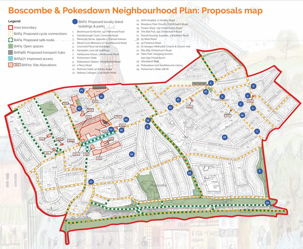 Property for sale Map showing proposals for the Boscombe & Pokesdown Neighbourhood Plan, featuring cycle connections, open spaces, transport hubs, and proposed site allocations within a Regeneration Zone Map. Key locations are numbered and labeled. Presented by Palace Auctions