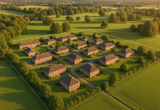 Property for sale Aerial view of a 12.5-acre Freehold development land Papworth Everard, with identical brick buildings in a grid layout, outlined in white within a grassy, tree-lined landscape—an attractive Cambridgeshire C2 site for sale. Presented by Palace Auctions