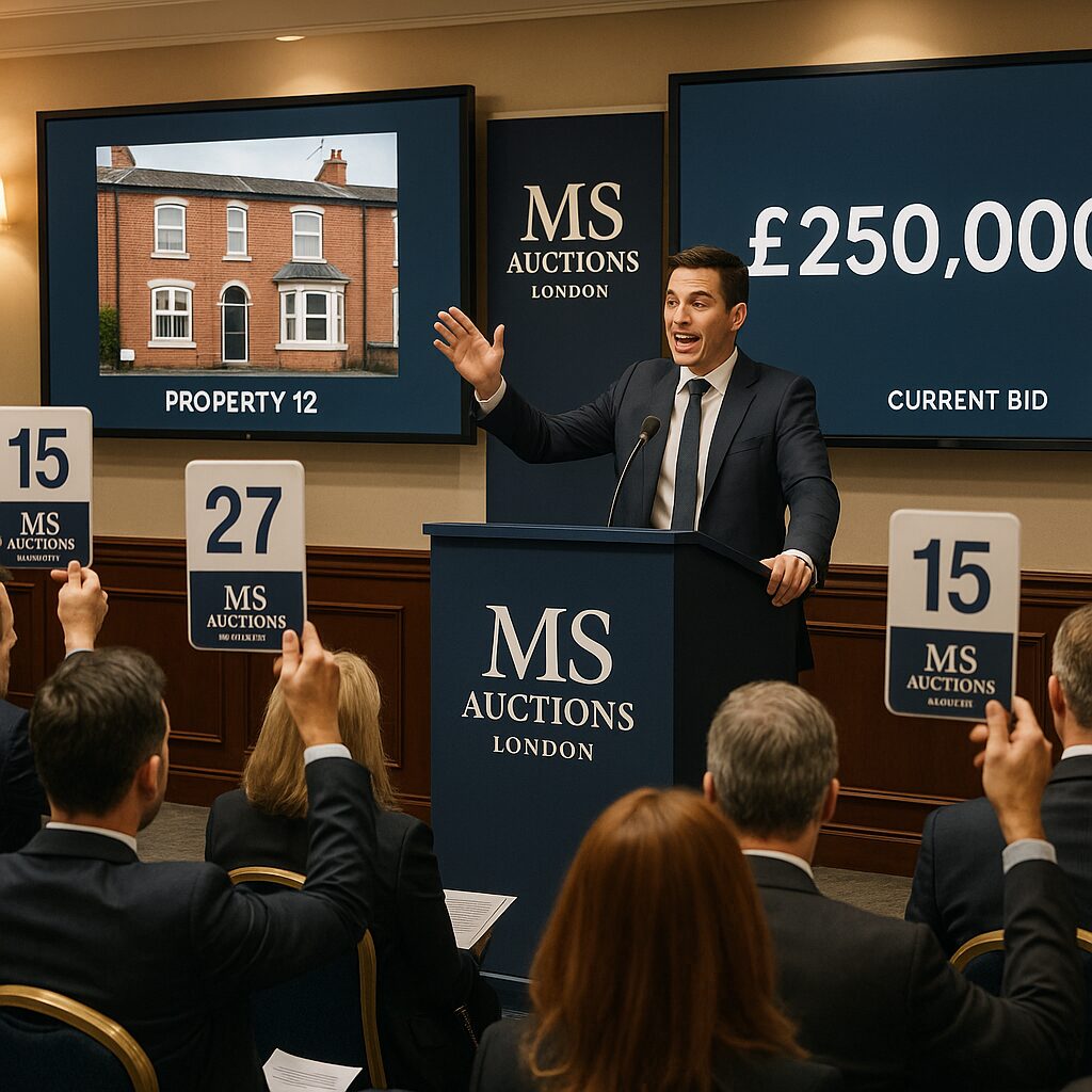 Property for sale A lively auction scene shows a suited auctioneer at a podium, with bidders raising numbered paddles. Screens display a house, “Property 12,” and the current bid of £250,000 at an MS Auctions event, renowned for international auctioneering services in London. Presented by Palace Auctions