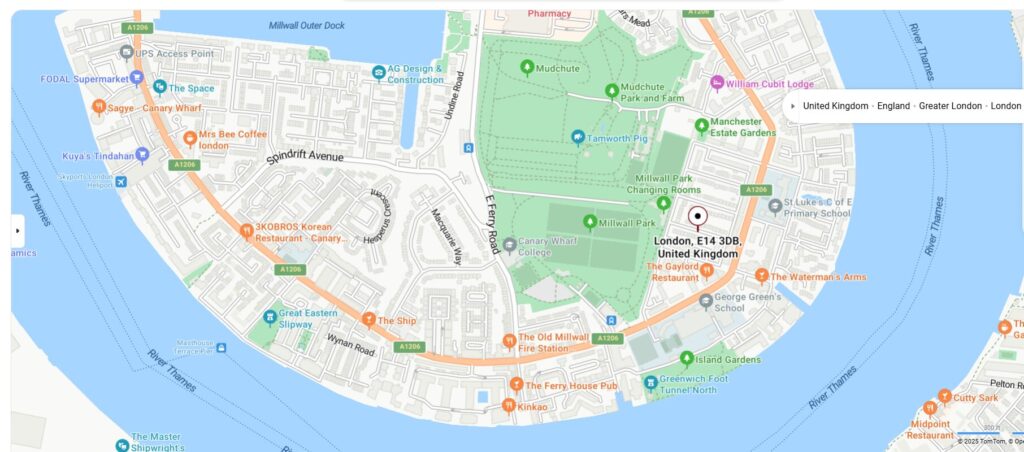 Property for sale Map of the Millwall area on the Isle of Dogs in London, showing parks, businesses, restaurants, and the River Thames curving around the peninsula. A marker highlights E14 3DB, ideal for those seeking a 3-bed house in this vibrant location. Presented by Palace Auctions