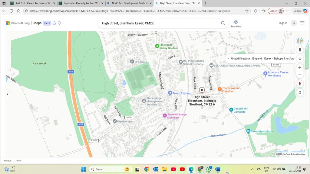 Property for sale A digital map shows High Street, Elsenham, Essex, CM22, with landmarks, roads, and green spaces like Alsa Wood. A location pin marks a 0.4-acre plot near various businesses and amenities—ideal for a potential 3-bed detached house. Presented by Palace Auctions