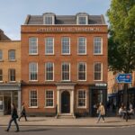 Property for sale A three-story red-brick building with large windows shows signs of an Islington N1 conversion from commercial to residential. People walk nearby, and a blue street sign points to Angel Station and Aldersgate. Presented by Palace Auctions