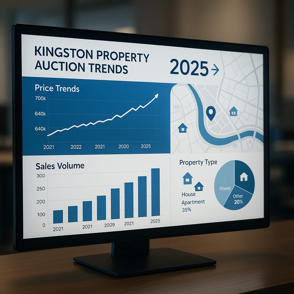 Property for sale A computer monitor displays graphs and charts titled "Kingston Property Auction Trends 2025," with rising price trends, growing sales volume, a map of Kingston upon Thames, and a breakdown of property types: house 45%, apartment 35%, other 20%. Presented by Palace Auctions