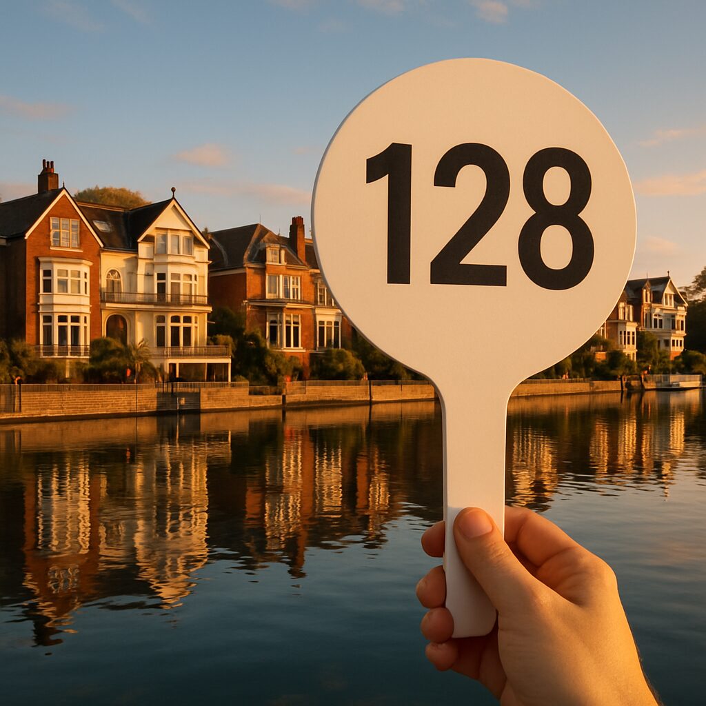 Property for sale A hand holds up a paddle with the number 128 in front of upscale houses by a calm waterfront in Kingston upon Thames, capturing the essence of property auctions and investment at golden hour. Presented by Palace Auctions