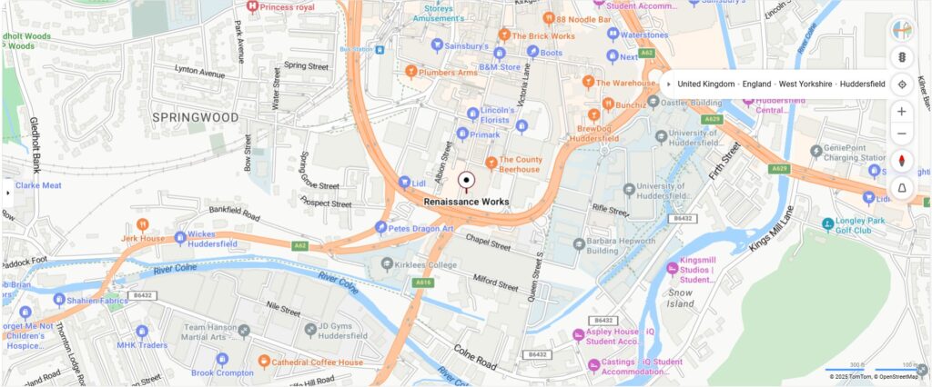 Property for sale Map of central Huddersfield HD1, highlighting Renaissance Works—an ideal 121-bed Student Accommodation Huddersfield—near key roads and landmarks like Kirklees College, Springwood, and the University of Huddersfield, with shops and restaurants nearby. Presented by Palace Auctions