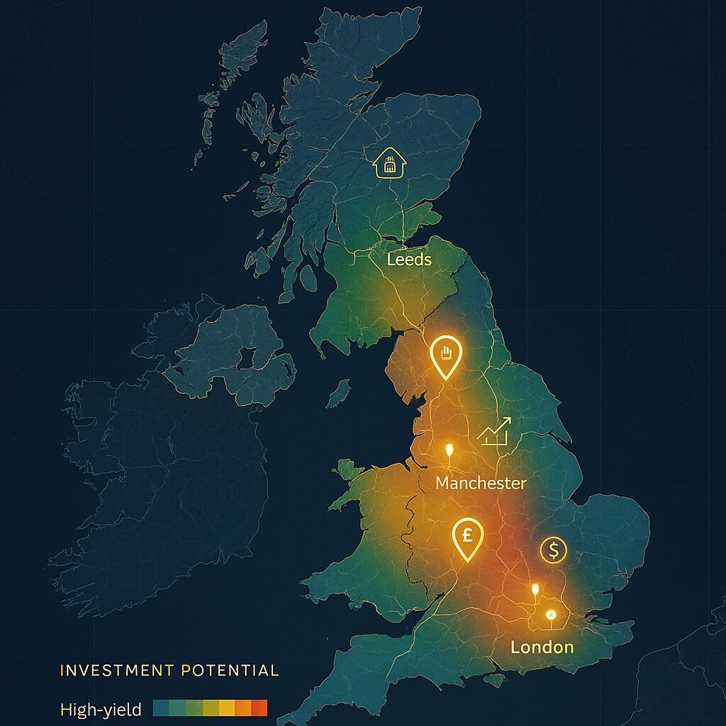 Property for sale A map of the UK highlights UK city property investment potential, using a color gradient from green (low) to orange (high). Leeds, Manchester, and London are marked with distinct investment-related icons. Presented by Palace Auctions